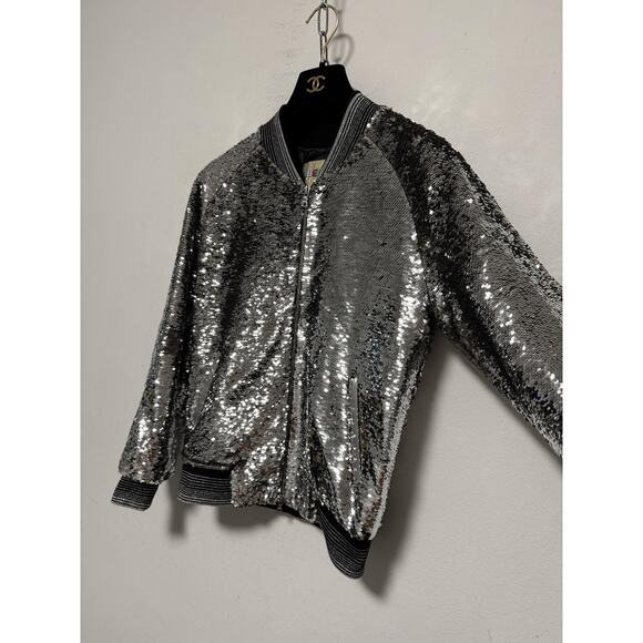 Libertine Jacket Womens Medium Silver Sequin Bomber Zip Handmade USA Riri Lined - Picture 8 of 14